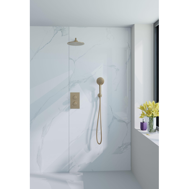 Fortifura Calvi Inbouw Regendoucheset - thermostatisch - wandarm - 25cm hoofddouche - ronde handdouche - gladde doucheslang - Geborsteld Messing PVD (Goud) SW728176/SW720555/SW720562/SW720569/SW721169