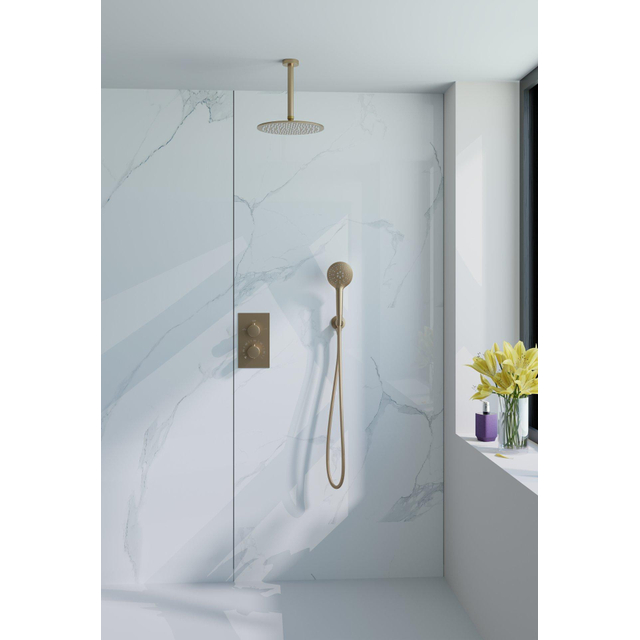 Fortifura Calvi Inbouw Regendoucheset - thermostatisch - plafondarm - 25cm hoofddouche - ronde handdouche - metalen doucheslang - geborsteld Messing PVD (Goud) SW706206/ SW720555/ SW799449/ SW720557/ 
