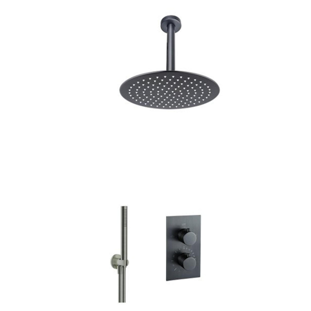 Fortifura Calvi Inbouw Regendoucheset - thermostatisch - plafondarm - 25cm hoofddouche - staaf handdouche - gladde doucheslang - geborsteld Gunmetal PVD SW720556/SW720558/SW721165/SW721170/SW766536/SW