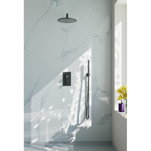 Fortifura Calvi Inbouw Regendoucheset - thermostatisch - wandarm - 25cm hoofddouche - staaf handdouche - gladde doucheslang - geborsteld Gunmetal PVD SW720556/SW720563/SW721165/SW721170/SW766536/SW766