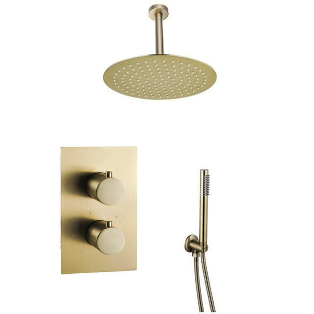 Fortifura Calvi Inbouw Regendoucheset - thermostatisch - plafondarm - 25cm hoofddouche - staaf handdouche - metalen doucheslang - geborsteld Messing PVD (Goud) SW706206/SW720555/SW720557/SW720569/SW72