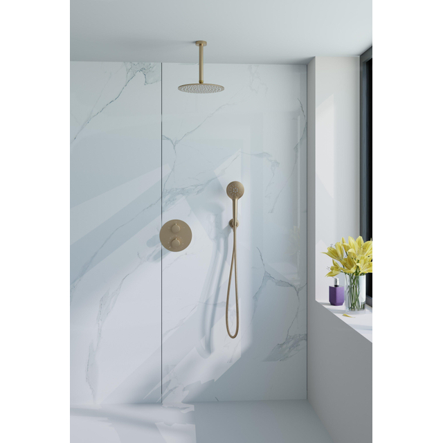 Fortifura Calvi Inbouw Regendoucheset - rond - thermostatisch - plafondarm - 25cm hoofddouche - ronde handdouche - gladde slang - Geborsteld Messing PVD (Goud) SW728176/SW720555/SW799449/SW720557/SW72