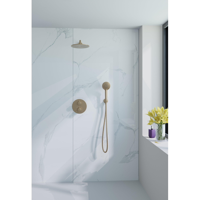 Fortifura Calvi Inbouw Regendoucheset - rond - thermostatisch - wandarm - 25cm hoofddouche - ronde handdouche - Geborsteld Messing PVD (Goud) SW706206/SW720555/SW720562/SW720569/SW721169/SW799