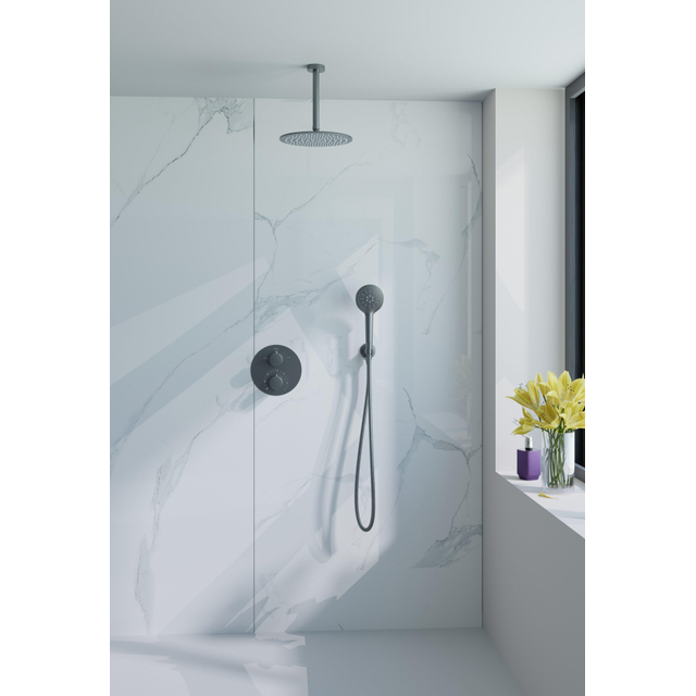 Fortifura Calvi Inbouw Regendoucheset - rond - thermostatisch - plafondarm - 25cm hoofddouche - ronde handdouche - gladde slang - Geborsteld Gunmetal PVD SW721165/SW720555/SW799449/SW720557/SW720569/S