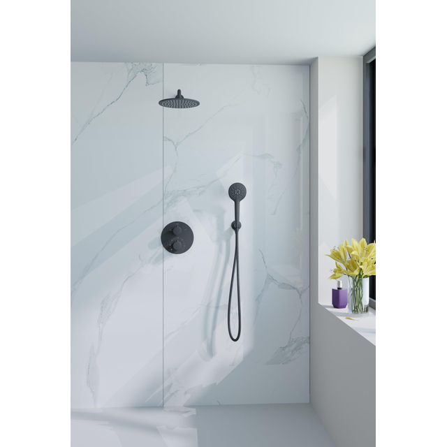 Fortifura Calvi Inbouw Regendoucheset - rond - thermostatisch - wandarm - 25cm hoofddouche - ronde handdouche - gladde slang - mat zwart SW706210/SW720553/SW720560/SW542644/SW721167/SW496