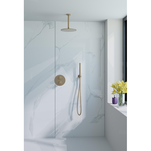 Fortifura Calvi Inbouw Regendoucheset - rond - thermostatisch - plafondarm - 25cm hoofddouche - staaf handdouche - gladde slang - Geborsteld Messing PVD (Goud) SW728176/SW720555/SW720557/SW720569/SW72