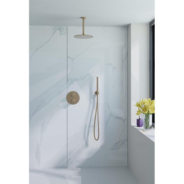 Fortifura Calvi Inbouw Regendoucheset - rond - thermostatisch - plafondarm - 25cm hoofddouche - staaf handdouche - Geborsteld Messing PVD (Goud) SW706206/SW720555/SW720557/SW720569/SW720570/SW721