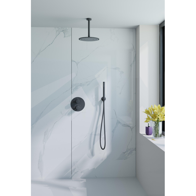 Fortifura Calvi Inbouw Regendoucheset - rond - thermostatisch - plafondarm - 25cm hoofddouche - staaf handdouche - gladde doucheslang - zwart mat SW721167/SW377853/SW720553/SW542644/SW706210/SW496