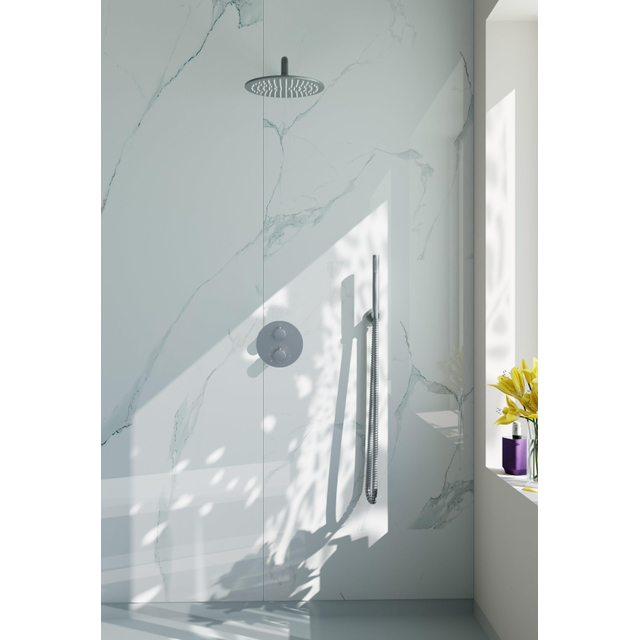 Fortifura Calvi Inbouw Regendoucheset - rond - thermostatisch - wandarm - 25cm hoofddouche - staaf handdouche - Geborsteld RVS PVD (RVS) SW496812/SW542645/SW706208/SW720554/SW720561/SW115