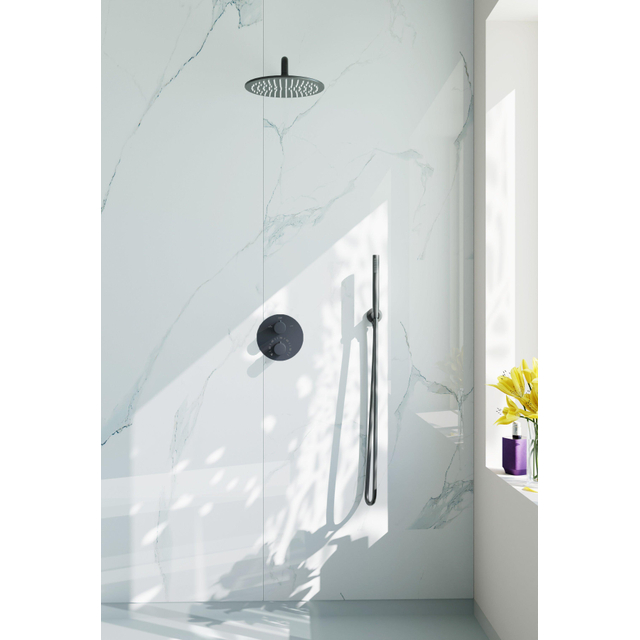 Fortifura Calvi Inbouw Regendoucheset - rond - thermostatisch - wandarm - 25cm hoofddouche - staaf handdouche - gladde doucheslang - Geborsteld Gunmetal PVD SW720556/SW720563/SW721165/SW721170/SW76653