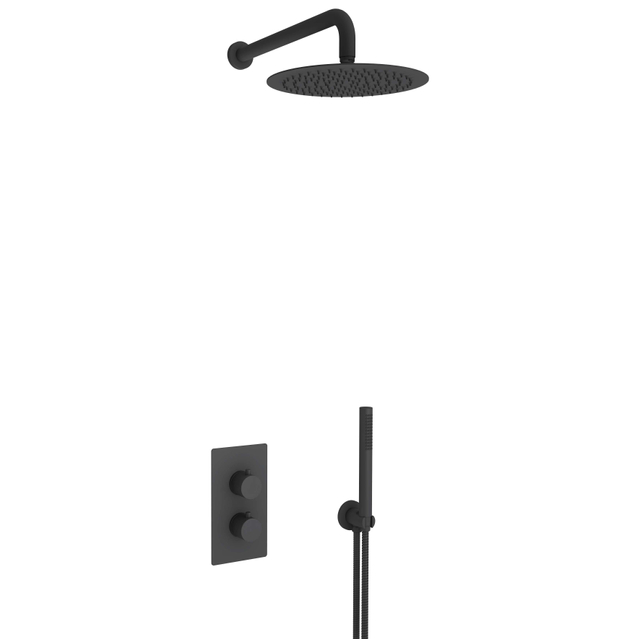 Fortifura Calvi Inbouw Regendoucheset - thermostatisch - wandarm - 30cm hoofddouche - staaf handdouche - gladde doucheslang - mat zwart SW496811/SW542644/SW706210/SW1139120/SW720560/SW72