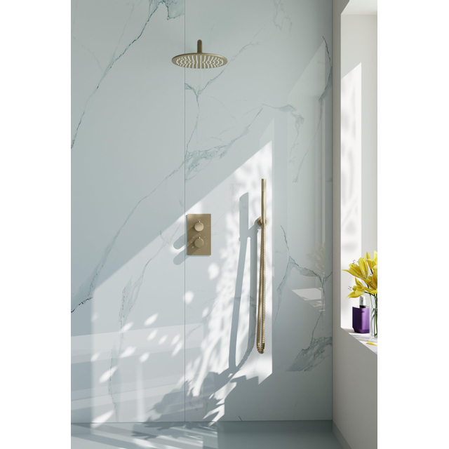 Fortifura Calvi Inbouw Regendoucheset - thermostatisch - wandarm - 30cm hoofddouche - staaf handdouche - gladde doucheslang - Geborsteld Messing PVD (Goud) SW728176/SW1139122/SW720562/SW720569/SW72057
