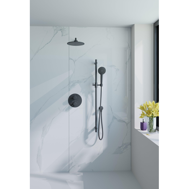 Fortifura Calvi Inbouw Regendoucheset - rond - thermostatisch - wandarm - glijstang - 25cm hoofddouche - ronde handdouche - gladde doucheslang - mat zwart SW496816/SW542644/SW706210/SW720553/SW720560/