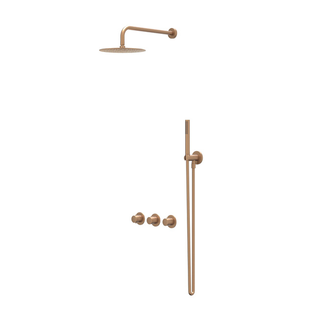 Ivy Bond Regendoucheset - inbouw - symmetry - 2 stopkranen - 40cm wandarm - 30cm slim hoofddouche - glijstang met uitlaat - 150cm doucheslang - 3-standen handdouche - Geborsteld mat koper PVD CSB4GKBC