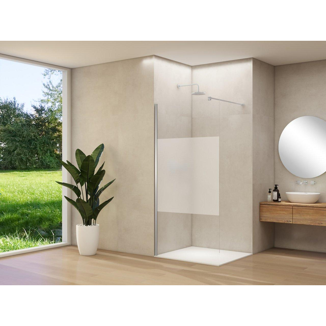 Van Rijn Products ST01 vaste wand - 98x200cm - helder glas met satijnbaan - - dikte 8mm - stabilisatiestang - muurprofiel - RVS Geborsteld ST01500100GSBNM