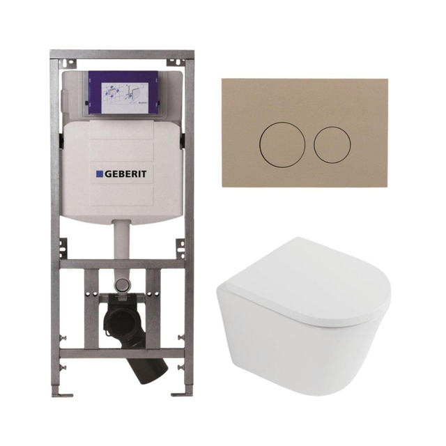 Geberit QeramiQ Dely Toiletset - 36.3x51.7cm - diepspoel - rimless -  UP320 inbouwreservoir - softclose toilet zitting 35 mm - bedieningsplaat taupe - ronde knoppen - mat wit SW1026254/SW1000767/070113