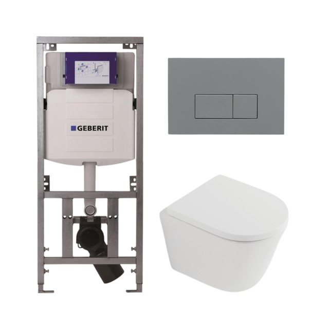 Geberit QeramiQ Dely Toiletset - 36.3x51.7cm - diepspoel - rimless -  UP320 inbouwreservoir - softclose toilet zitting 35 mm - bedieningsplaat licht grijs - rechthoekige knoppen - mat wit SW1026254/SW1