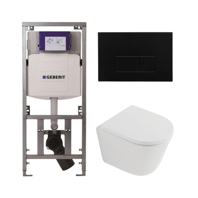 Geberit QeramiQ Dely Toiletset - 36.3x51.7cm - diepspoel - rimless -  UP320 inbouwreservoir - softclose toilet zitting 35 mm - kunstof mat zwarte bedieningsplaat - rechthoekige knoppen - mat wit SW1026