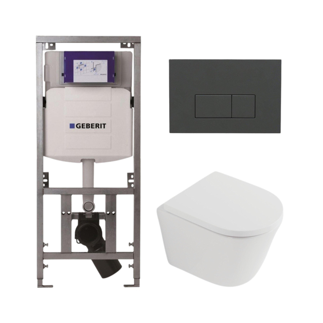 Geberit QeramiQ Dely Toiletset - 36.3x51.7cm - diepspoel - rimless -  UP320 inbouwreservoir - softclose toilet zitting 35 mm - bedieningsplaat antraciet mat - rechthoekige knoppen - mat wit SW1026254/S