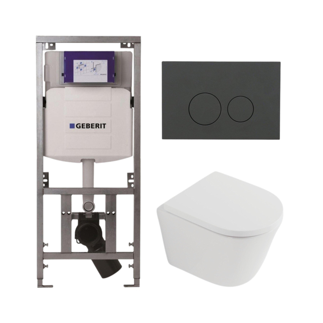 Geberit QeramiQ Dely Toiletset - 36.3x51.7cm - diepspoel - rimless -  UP320 inbouwreservoir - softclose toilet zitting 35 mm - bedieningsplaat mat antraciet - ronde knoppen - mat wit SW1026254/SW100076