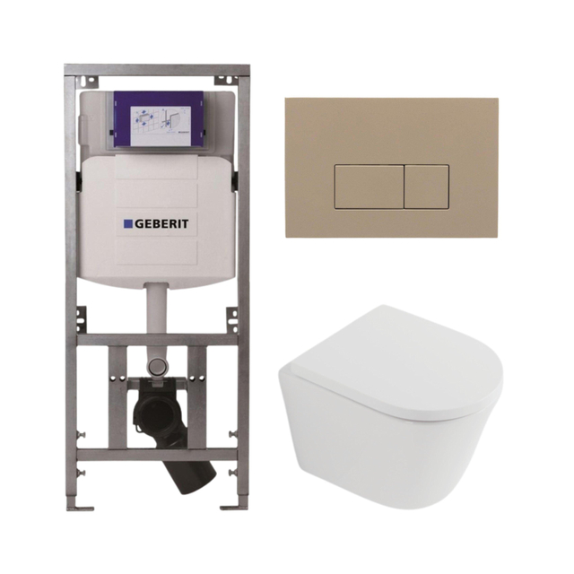 Geberit QeramiQ Dely Toiletset - 36.3x51.7cm - diepspoel - rimless -  UP320 inbouwreservoir - softclose toilet zitting 35 mm - bedieningsplaat taupe - rechthoekige knoppen - mat wit SW1026254/SW1000767