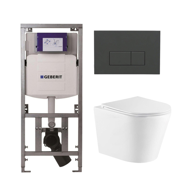 Geberit QeramiQ Dely Toiletset - 36.3x51.7cm - diepspoel - rimless -  UP320 Burda inbouwreservoir - softclose toiletzitting - bedieningsplaat antraciet mat - rechthoekige knoppen - wit mat SW543432/070