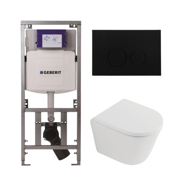 Geberit QeramiQ Dely Toiletset - 36.3x51.7cm - diepspoel - rimless -  UP320 inbouwreservoir - softclose toilet zitting 35 mm - kunststof mat zwarte bedieningsplaat - ronde knoppen - mat wit SW1026254/S
