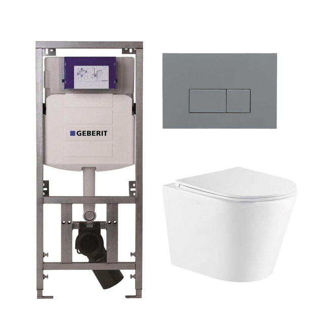 Geberit QeramiQ Dely Toiletset - 36.3x51.7cm - diepspoel - rimless -  UP320 Burda inbouwreservoir - softclose toiletzitting - bedieningsplaat licht grijs - rechthoekige knoppen - wit mat SW543432/07011