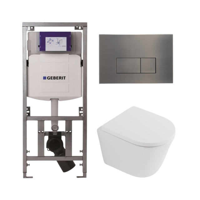 Geberit QeramiQ Dely Toiletset - 36.3x51.7cm - diepspoel - rimless -  UP320 inbouwreservoir - softclose toilet zitting 35 mm - gunmetal bedieningsplaat - rechthoekige knoppen - mat wit SW1026254/SW1000