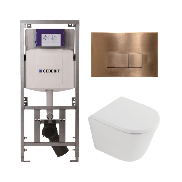 Geberit QeramiQ Dely Toiletset - 36.3x51.7cm - diepspoel - rimless -  UP320 inbouwreservoir - softclose toilet zitting 35 mm - koperen bedieningsplaat - rechthoekige knoppen - mat wit SW1026254/SW10007