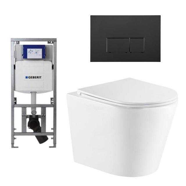 Geberit QeramiQ Dely Toiletset - 36.3x51.7cm - diepspoel - rimless -  UP320 Burda inbouwreservoir - softclose toiletzitting - mat zwarte bedieningsplaat - rechtehoekige knoppen - wit mat SW543432/07011