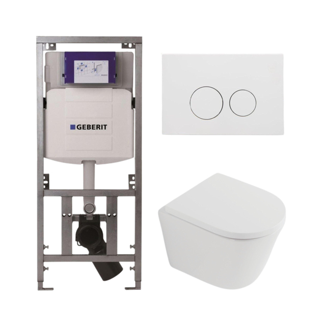 Geberit QeramiQ Dely Toiletset - 36.3x51.7cm - diepspoel - rimless -  UP320 inbouwreservoir - softclose toilet zitting 35 mm - mat witte bedieningsplaat - ronde knoppen - mat wit SW1026254/SW1000767/07