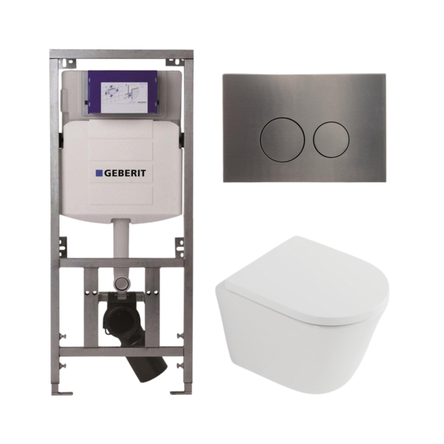 Geberit QeramiQ Dely Toiletset - 36.3x51.7cm - diepspoel - rimless -  UP320 inbouwreservoir - softclose toilet zitting 35 mm - gunmetal bedieningsplaat - ronde knoppen - mat wit SW1026254/SW1000767/070