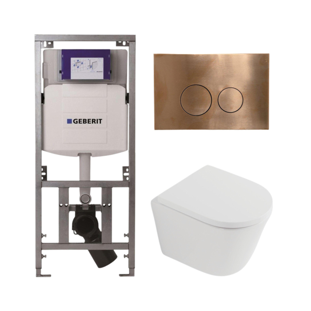 Geberit QeramiQ Dely Toiletset - 36.3x51.7cm - diepspoel - rimless -  UP320 inbouwreservoir - softclose toilet zitting 35 mm - koperen bedieningsplaat - ronde knoppen - mat wit SW1026254/SW1000767/0701