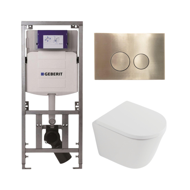 Geberit QeramiQ Dely Toiletset - 36.3x51.7cm - diepspoel - rimless -  UP320 inbouwreservoir - softclose toilet zitting 35 mm - geborsteld messing bedieningsplaat - ronde knoppen - mat wit SW1026254/SW1