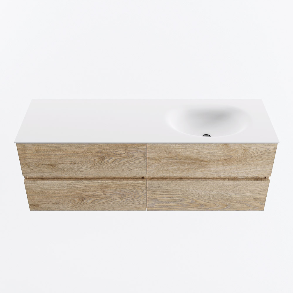 Mondiaz VICA 140cm badmeubel onderkast Washed Oak 4 lades. Wastafel MOON rechts 1 kraangat, kleur Talc.