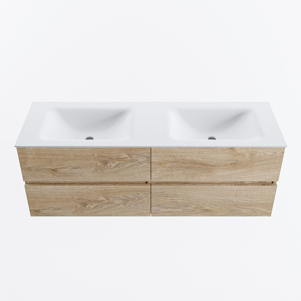 Mondiaz VICA 140cm badmeubel onderkast Washed Oak 4 lades. Wastafel CLOUD dubbel zonder kraangat, kleur Talc.