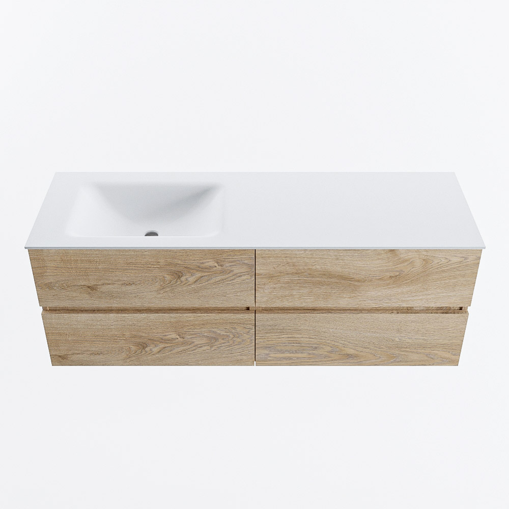 Mondiaz VICA 140cm badmeubel onderkast Washed Oak 4 lades. Wastafel CLOUD links 1 kraangat, kleur Talc.