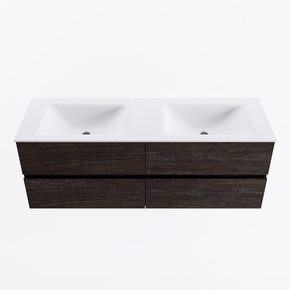Mondiaz VICA 140cm badmeubel onderkast Dark Brown 4 lades. Wastafel CLOUD dubbel zonder kraangat, kleur Talc.