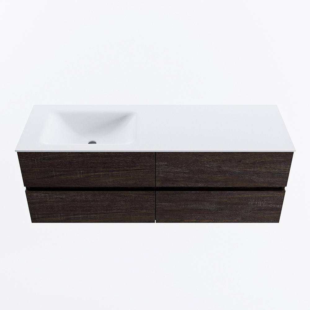 Mondiaz VICA 140cm badmeubel onderkast Dark Brown 4 lades. Wastafel CLOUD links zonder kraangat, kleur Talc.
