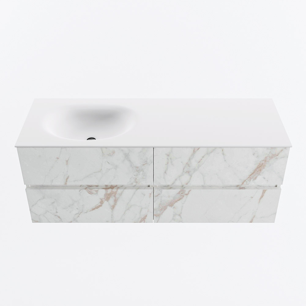 Mondiaz VICA 130cm badmeubel onderkast Carrara 4 lades. Wastafel MOON links zonder kraangat, kleur Talc.