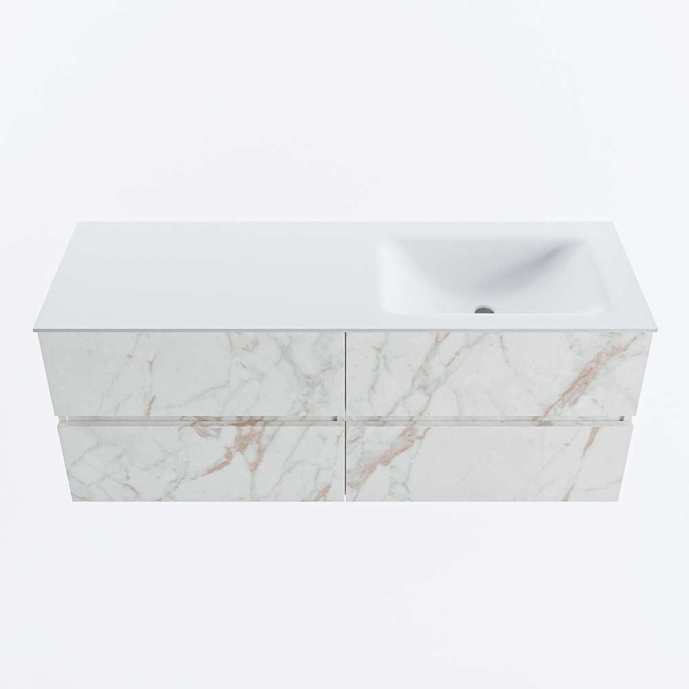 Mondiaz VICA 130cm badmeubel onderkast Carrara 4 lades. Wastafel CLOUD rechts 1 kraangat, kleur Talc.