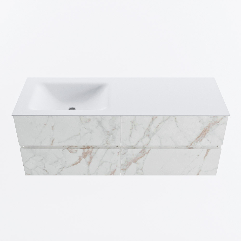 Mondiaz VICA 130cm badmeubel onderkast Carrara 4 lades. Wastafel CLOUD links zonder kraangat, kleur Talc.