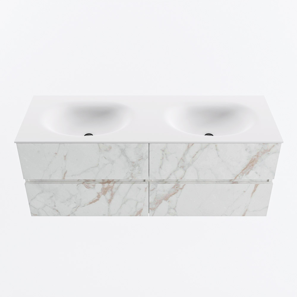 Mondiaz VICA 130cm badmeubel onderkast Carrara 4 lades. Wastafel MOON dubbel 2 kraangaten, kleur Talc.