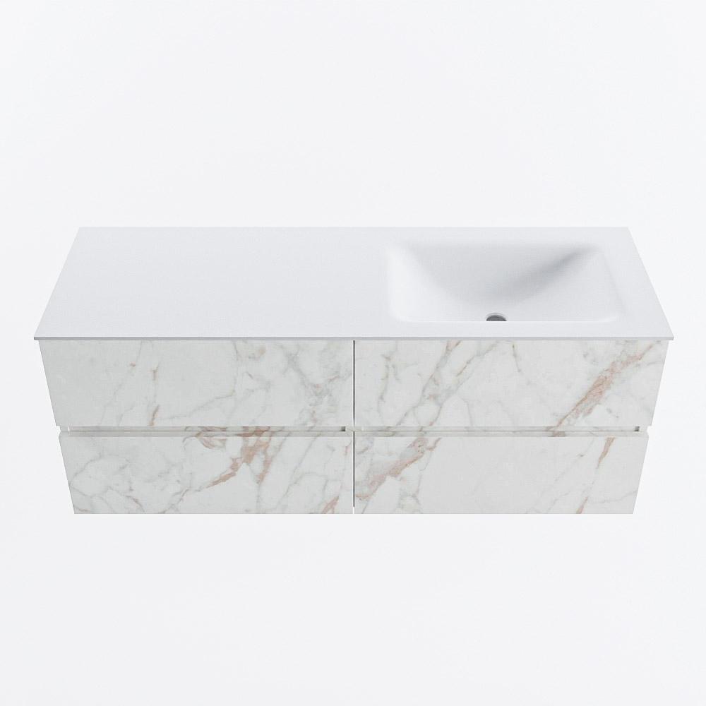 Mondiaz VICA 130cm badmeubel onderkast Carrara 4 lades. Wastafel CLOUD rechts zonder kraangat, kleur Talc.