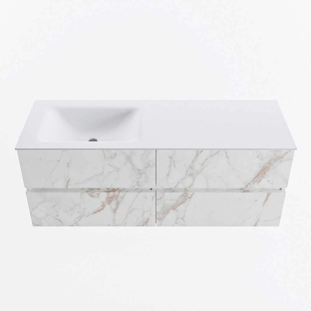 Mondiaz VICA 130cm badmeubel onderkast Carrara 4 lades. Wastafel CLOUD links 1 kraangat, kleur Talc.