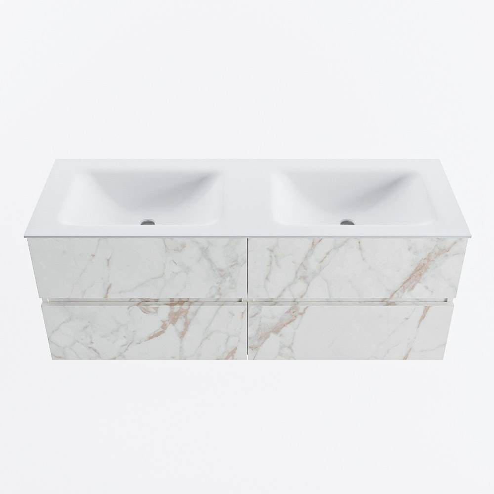 Mondiaz VICA 130cm badmeubel onderkast Carrara 4 lades. Wastafel CLOUD dubbel 2 kraangaten, kleur Talc.