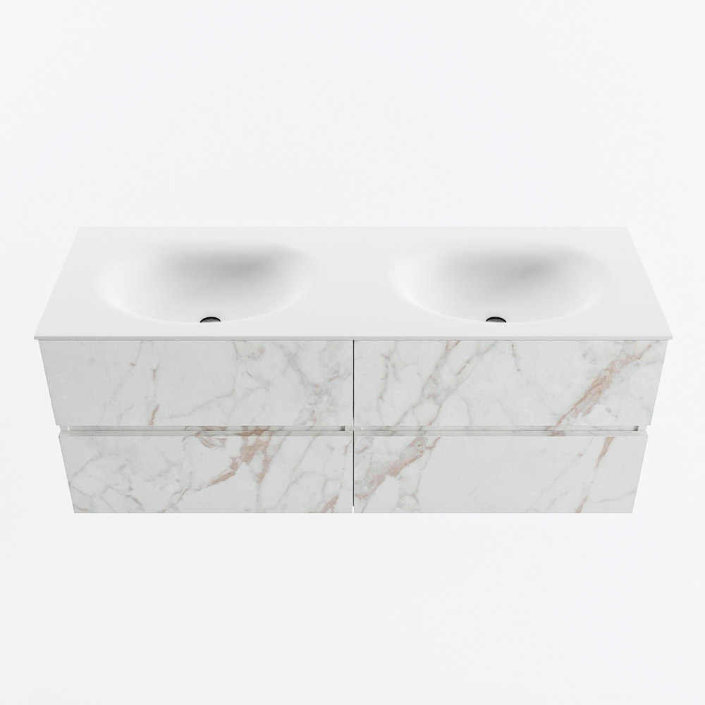 Mondiaz VICA 130cm badmeubel onderkast Carrara 4 lades. Wastafel MOON dubbel zonder kraangat, kleur Talc.