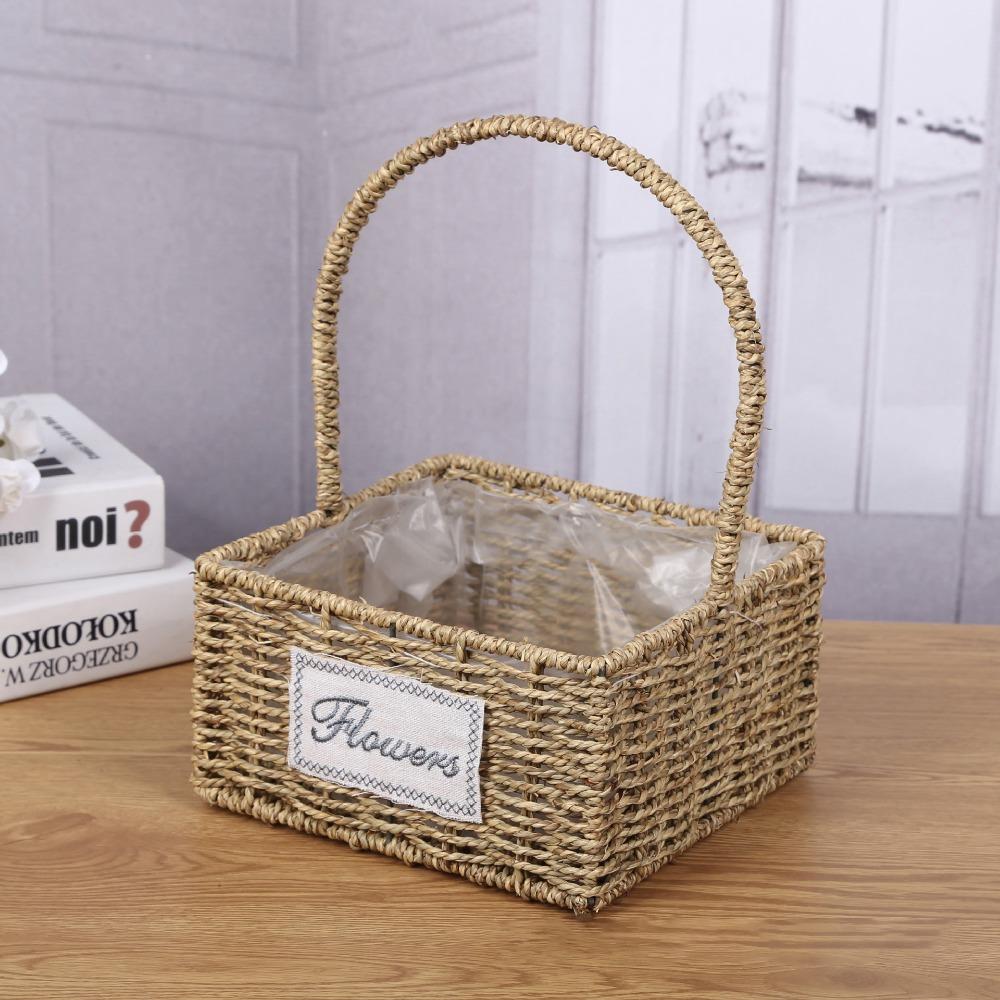 Jqzkdh743 with Handle Handwoven Flower Pots Easy To Carry Home Decoration Retro Handheld Flower Basket 02