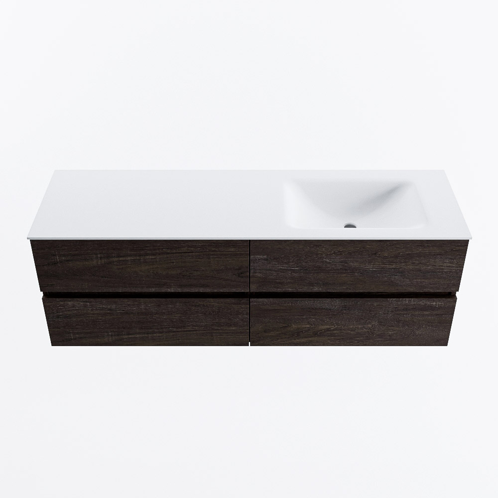 Mondiaz VICA 150cm badmeubel onderkast Dark Brown 4 lades. Wastafel CLOUD rechts zonder kraangat, kleur Talc.